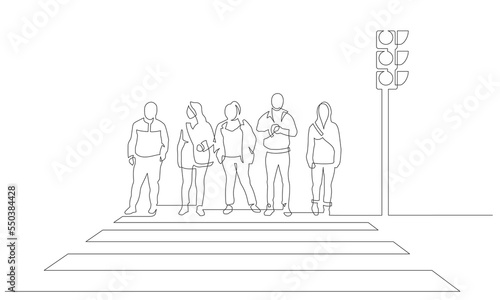 Continuous line drawing of crosswalk. People waiting green traffic light. Vector illustration.