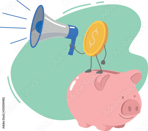 Vector illustration of a call through a megaphone. The concept of income growth and business development. Gold coins dollars piggy bank