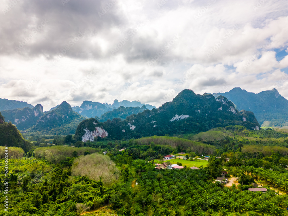 Aerial drone view of Khao Sok national park, Thailand. Jungle, palms and tropical forest. Mountains in background.