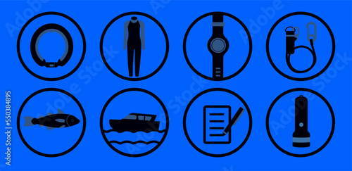 freediving icons, diving vector illustrations, freediving equipment: neck weight, diving wetsuit, diving computer, safety line, fish, boat, diving course, diving torch, freediving collection