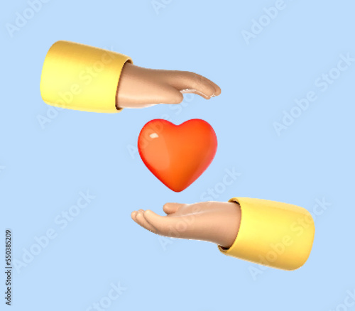 3D cartoon hands holding red heart. Concept of charity, love, healthcare. Palms hold heart symbol. Vector 3d Illustration.