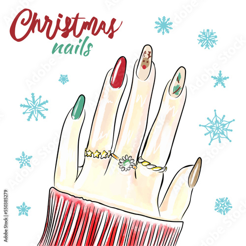 Cute deer nail design, hand drawn Christmas nails, manicure