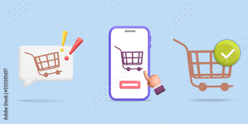 3d vector set of shop cart or e-commerce basket trolley icon design for online shopping, ordering internet web mobile app store element design