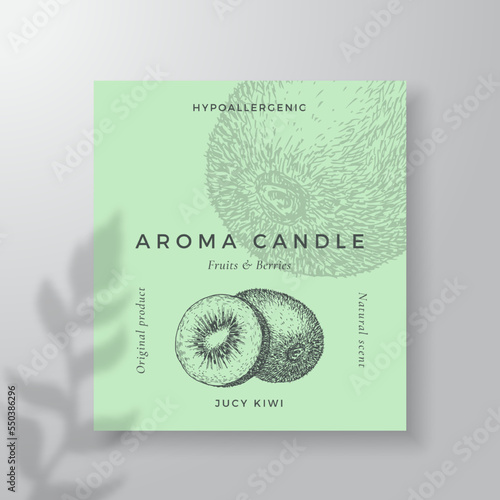 Aroma candle vector label template. Kiwi scent from local purveyors advert design Ink style sketch background layout decor Natural smell product package text space