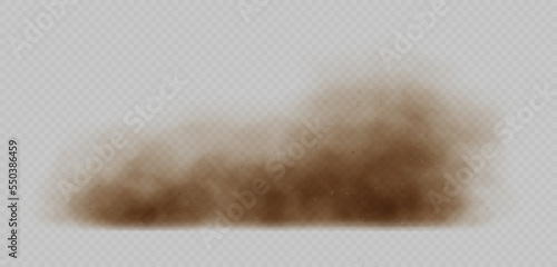 Sand cloud, sandstorm, dirty dust or brown smoke. Heavy thick smog effect isolated on transparent background. Realistic vector illustration