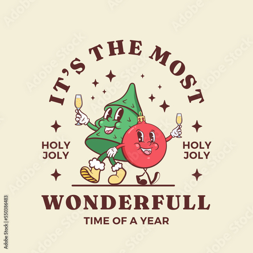 Christmas New Year retro cartoon characters label template. Pine and bauble with champagne glass Christmas tree ball friends walking together. Vector mascot illustration vintage comic style. Isolated