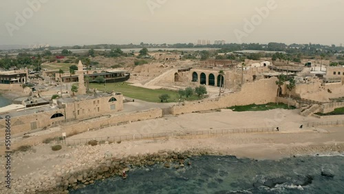 Drone video shooting of ancient Caesarea on the coast of the Mediterranean Sea.