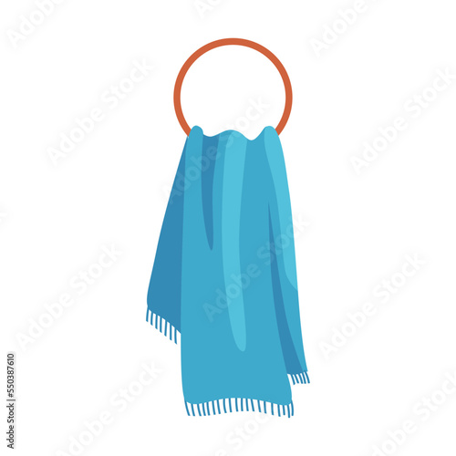 Hand towel hanging on ring holder. Bath accessories on white background cartoon illustration. Hygiene, bathroom isolated on white