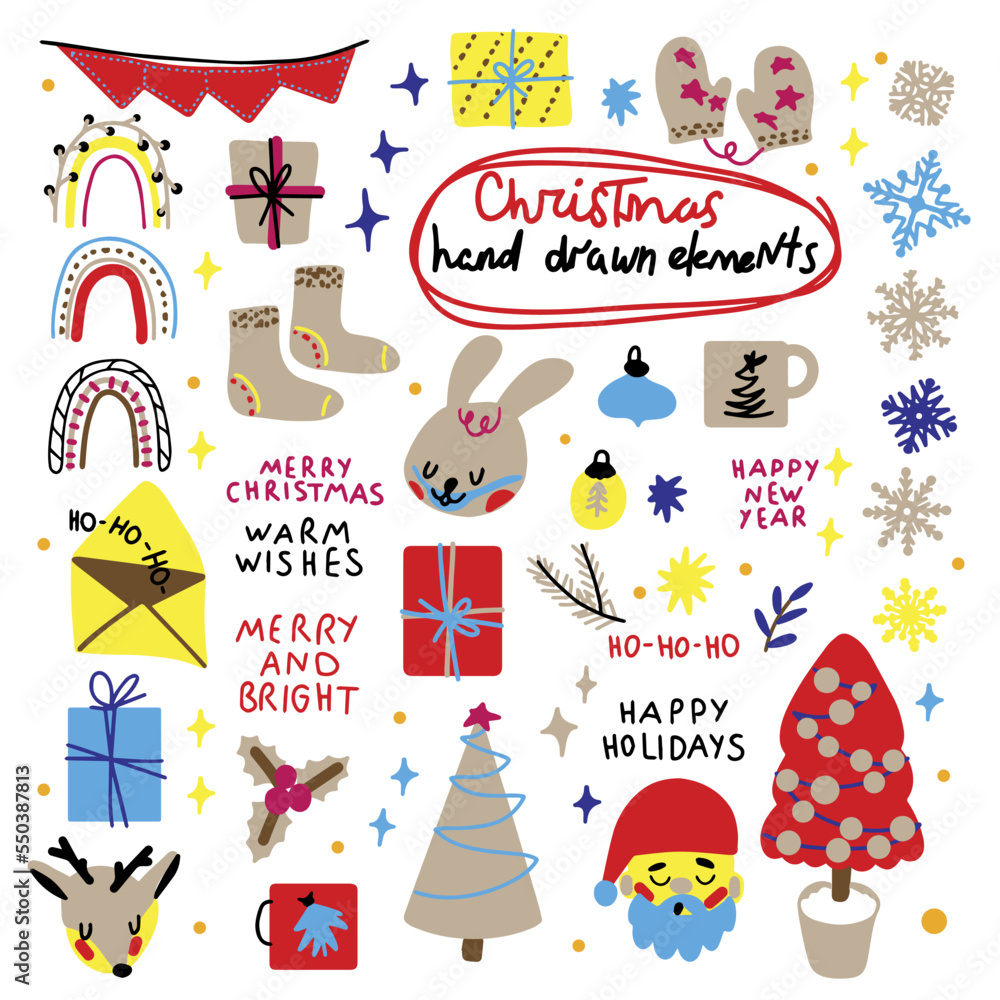 Christmas set, hand drawn, beautiful elements Christmas set, hand drawn, beautiful elements