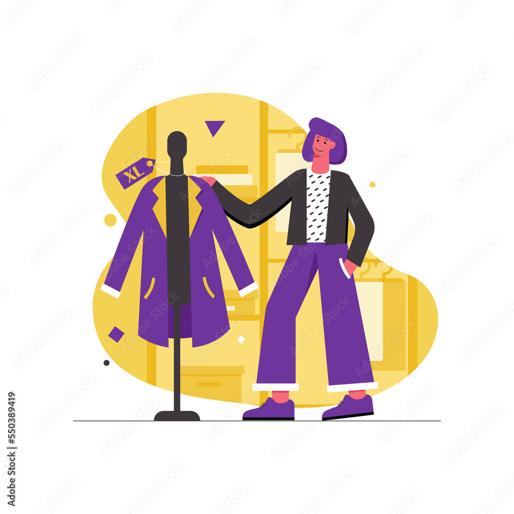 Customer shopping at store modern flat concept. Happy woman stands near mannequin at showroom and chooses new clothes in fashion boutique. Illustration with people scene for web banner design