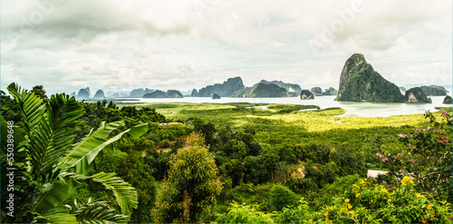 Aerial view of the beautiful Phang Nga Bay, Ao Phang Nga National Park in Thailand. Amazing landscape. photo