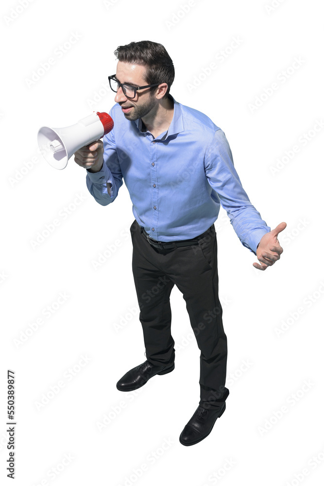 Confident man talking with a megaphone Confident man talking with a megaphone