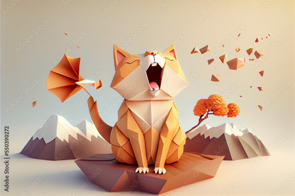 cute kitty cat origami singing, low poly - obrazy, fototapety, plakaty 