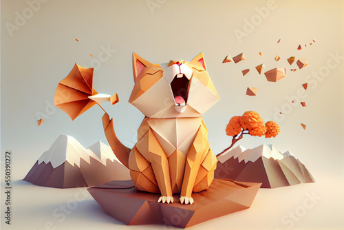 cute kitty cat origami singing, low poly