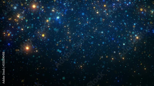 Glowing stylized bright Christmas background with falling snowflakes. New Year festive modern composition. Looped