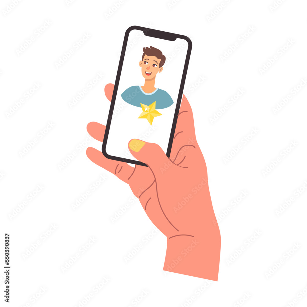 Hand holding mobile phone and puts a star on the user. Cartoon vector illustration of female and male hand using smartphone