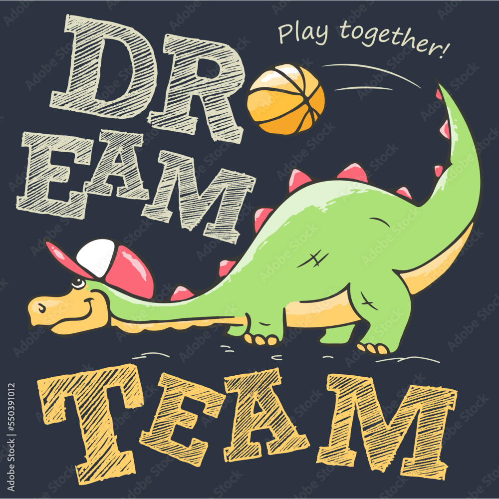 Obraz premium Art illustration. Dinosaur basketball player cool playing with the ball. Fan t-shirt design. Vector print. Dinosaur character design. Fashion illustration for clothes