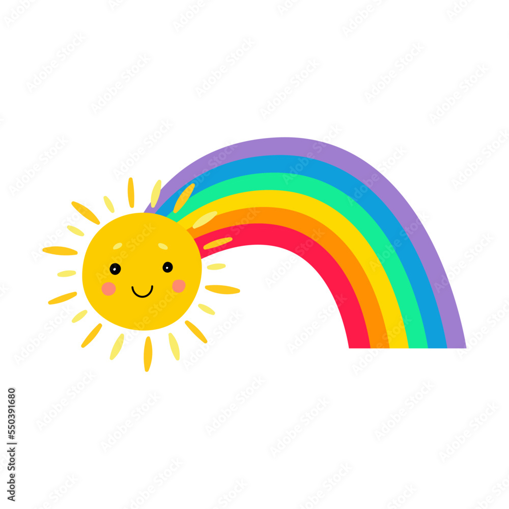 Shape of rainbow vector illustration. Cute cloud and sun cartoon character isolated on white background