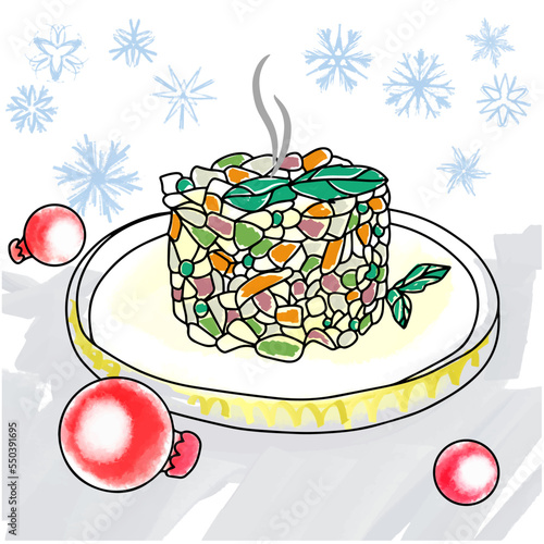 Delicious holiday salad, Olivier, on the background of toys and snowflakes