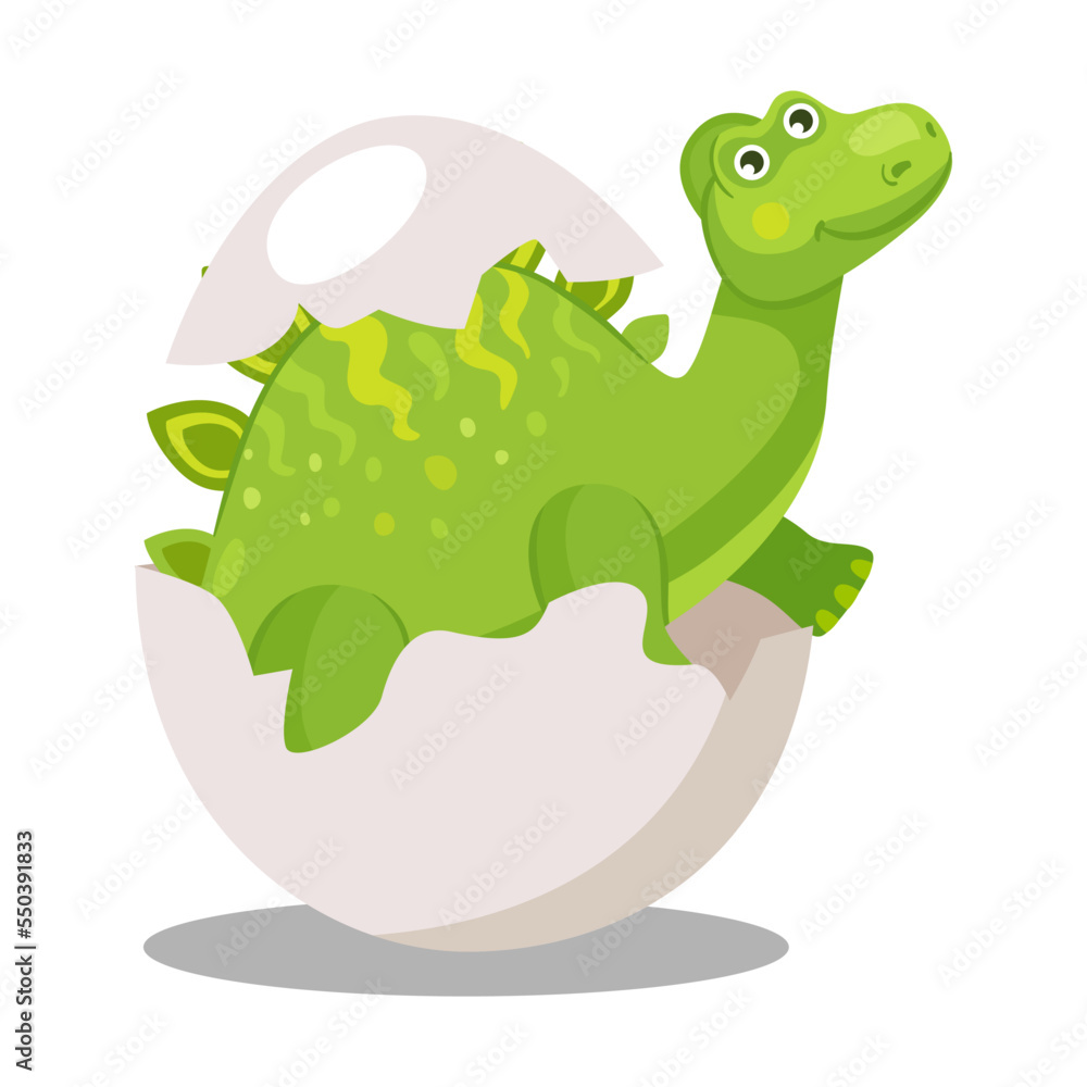 Fototapeta premium Hatching dinosaur from egg cartoon illustration. Funny green dino or dragon in egg shell on white background