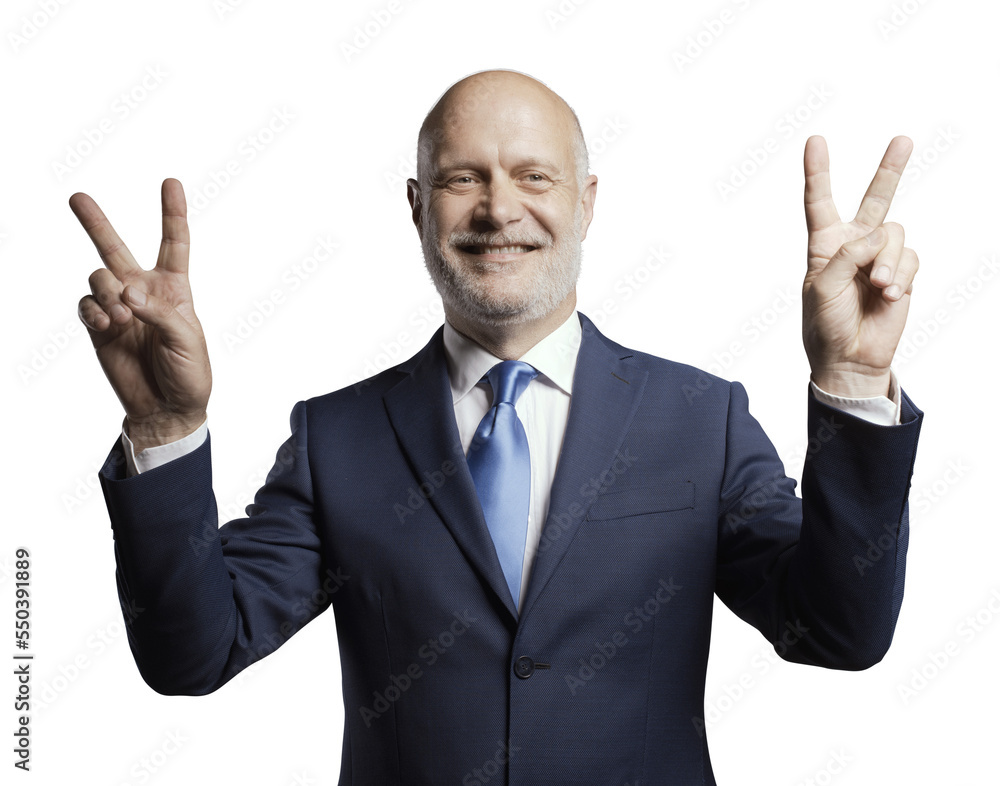 PNG file no background Cheerful businessman making a V sign PNG file no background Cheerful businessman making a V sign