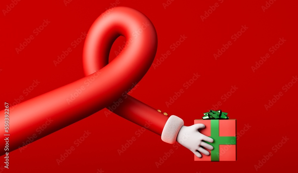 Cartoon father christmas curvy arm holding a gift box festive present. 3D Rendering