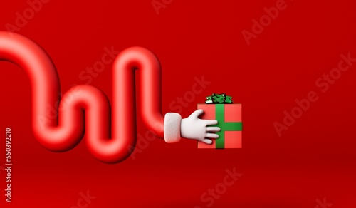 Cartoon father christmas curvy arm holding a gift box festive present. 3D Rendering
