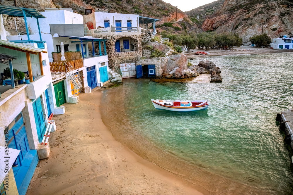 Traditional village of Firopotamos with the traditional boat-garages called Syrmata, in Milos island, Greece