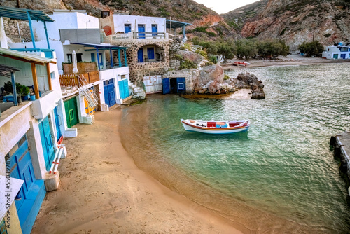 Traditional village of Firopotamos with the traditional boat-garages called Syrmata, in Milos island, Greece