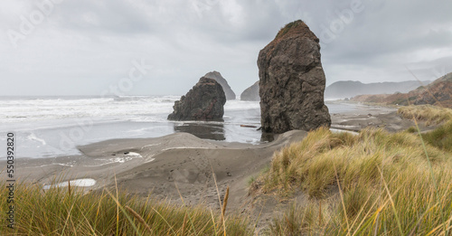 panoramic view of seastacks of Ariya's Beach, Pacific Northwest, Oregon, USA photo