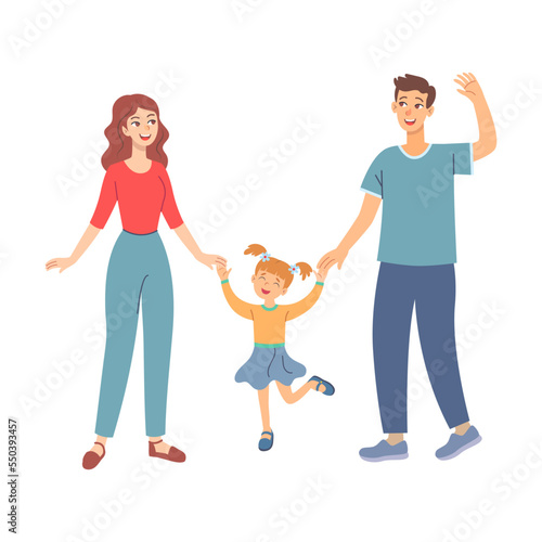 Happy family walking together. Vector illustration of parents and children holding hands. Fun family time