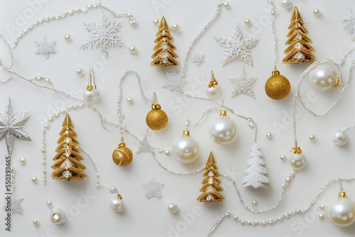 Luxury pearl and golden christmas tree on white background.