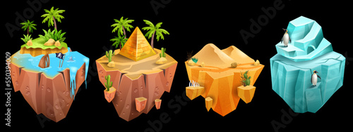 Game island, vector isometric 3D floating land, Egypt desert pyramid, jungle palm, iceberg, penguin. Flying platform concept, summer tropical scene sand dune, ice. Exotic nature game island kit