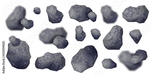3D asteroid set, vector space coal kit, cosmos game meteorite clipart, sci-fi moon stone collection. Universe astronomy rocks, grey flying meteoroid texture. 3D asteroid debris belt science concept