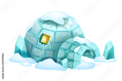 Igloo vector illustration, ice nature house, cartoon Antarctica traditional shelter, snow drift. North round dome building, arctic white frozen ethnic home, polar blue cave. Igloo house concept