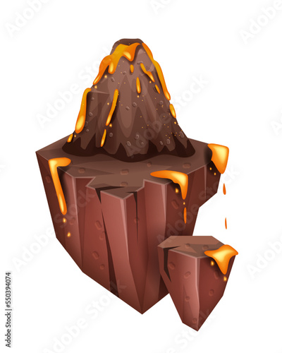 Volcano game island icon, vector active erupt process, cartoon arcade level platform, hot lava. Volcanic explosion scene, fantasy hell crater, brown dry rock ground. Volcano island environment concept