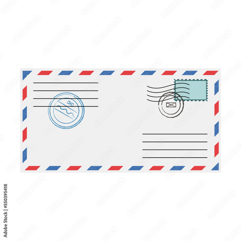 Envelope with seals and stamps vector illustration. Letters with stamps, envelopes for birthday cards or postcards isolated on white Envelope with seals and stamps vector illustration. Letters with stamps, envelopes for birthday cards or postcards isolated on white