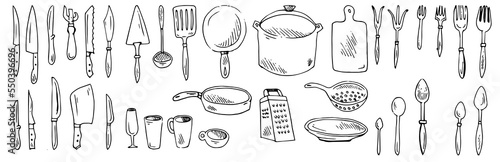Kitchen tools for cooking. Set of dishes and pots. Accessories, knives and miscellaneous. Outline hand drawn sketch. Drawing with ink. Isolated on white background. Vector.