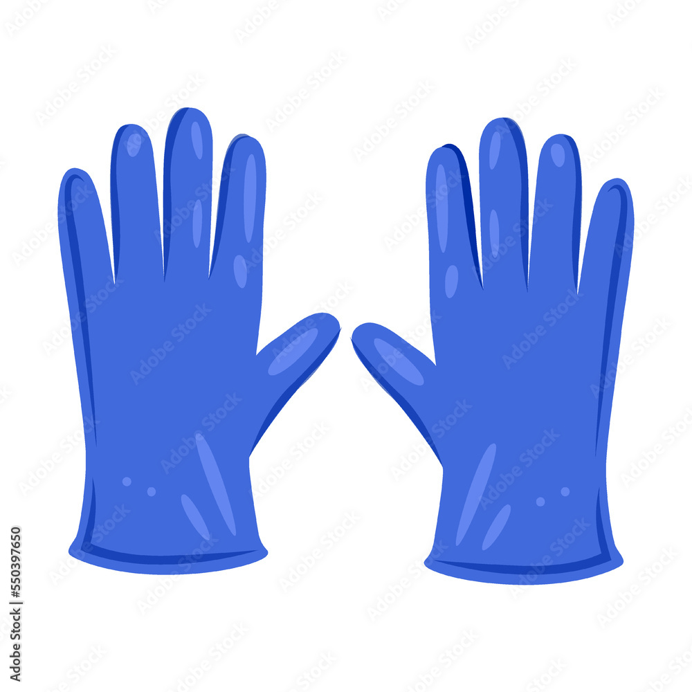 Obraz premium Rubber protective gloves, medical objects vector illustration. Cute cartoon male in uniform isolated on white background