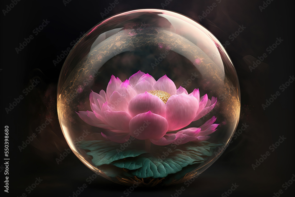 AI generated image of a beautiful pink lotus blooming inside an ornate glass orb 
