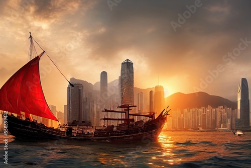 A red-sail junk boat sailing through Hong Kong's skyscraper-building processions at sunset. 3D illustration. photo
