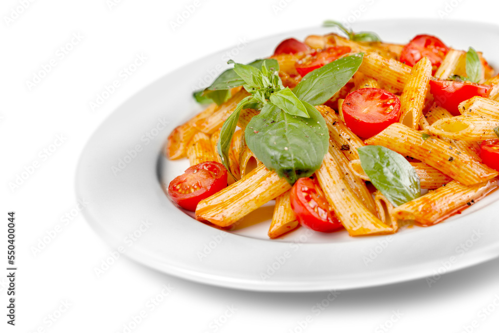 Tasty Italian pasta noodles dish in a white plate