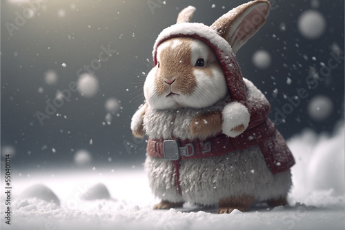 Fototapeta Little tiny bunny dressed up as Santa claus on snowing background