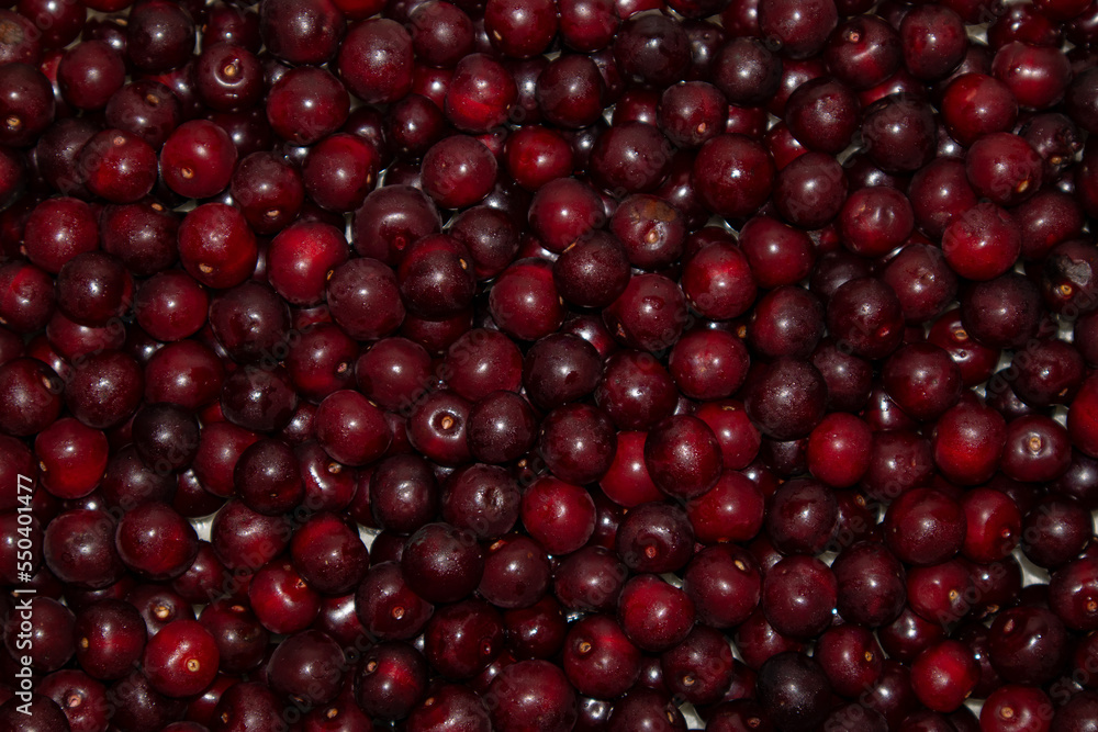 Background of red ripe cherries. View from above. Background of red ripe cherries. View from above.