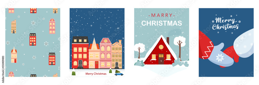 Winter house, set of Merry Christmas greeting cards in traditional colors, vertical banners, flyers, invitations. vector graphics