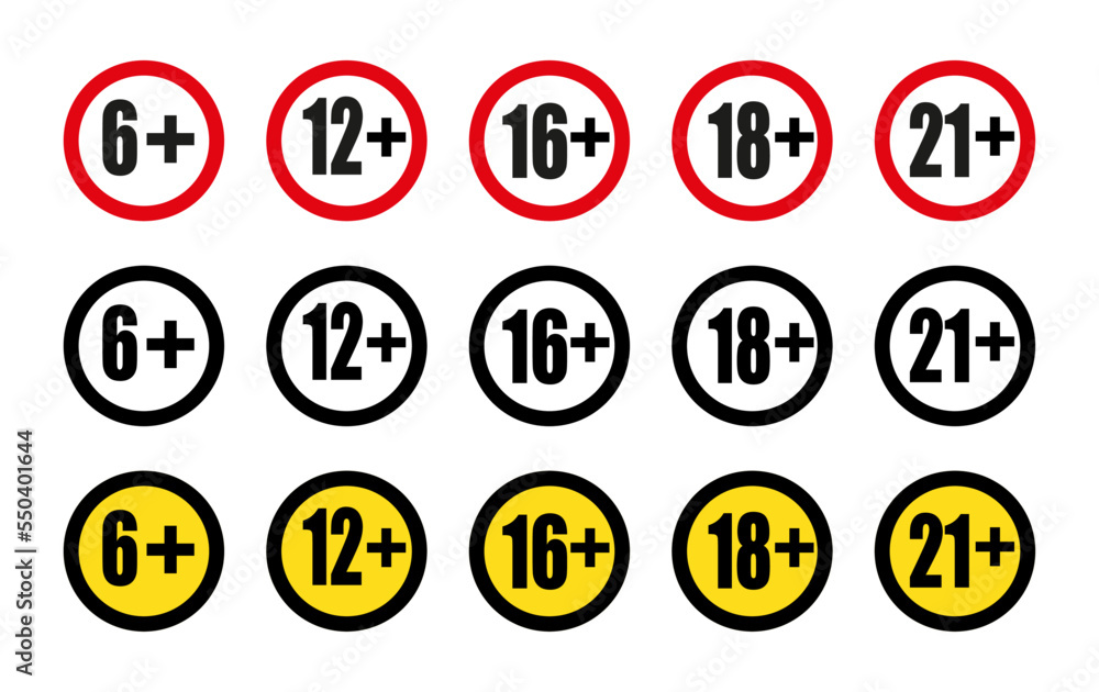 Age restriction signs 6, 12, 16, 18 and 21 age limit concept. Vector on isolated white background. EPS 10. Age restriction signs 6, 12, 16, 18 and 21 age limit concept. Vector on isolated white background. EPS 10.
