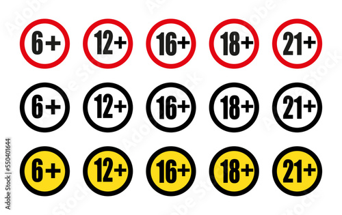 Age restriction signs 6, 12, 16, 18 and 21 age limit concept. Vector on isolated white background.  EPS 10.