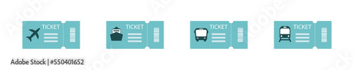 Travel ticket icon vector. Ticket, airplane, train, ship, bus.  Filled style isolated on white background.  Vector illustration.  EPS 10.