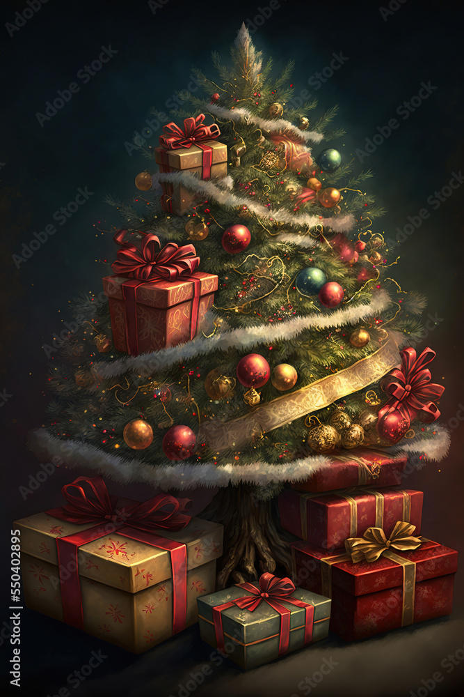 Decorated Christmas tree with gift boxes, art illustration