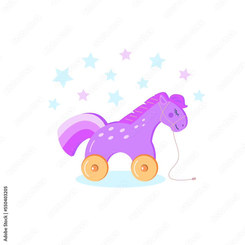 Cute wooden sleeping purple horse on wheels on white isolated background. Vector illustration of toy pony with stars in cartoon style. Cute wooden sleeping purple horse on wheels on white isolated background. Vector illustration of toy pony with stars in cartoon style.